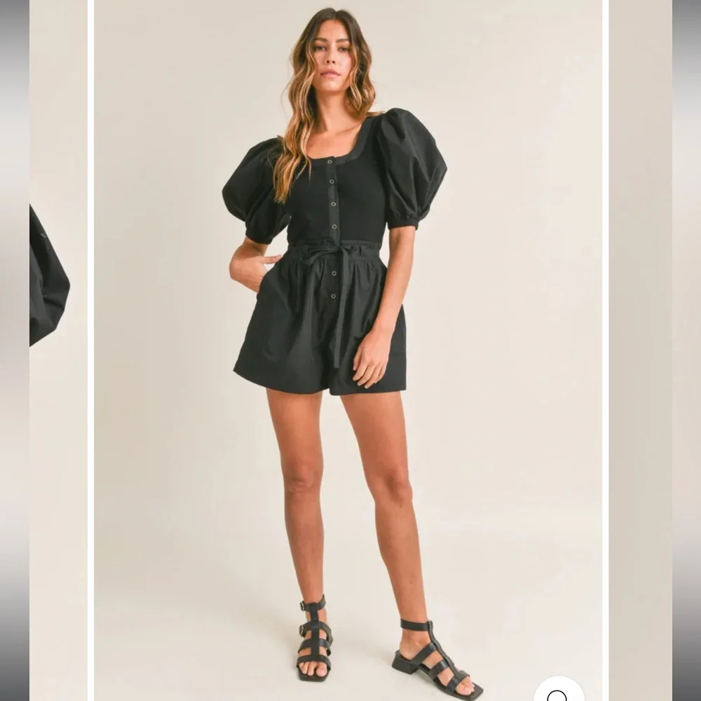 MABLE puff sleeve black romper, tie waist, Georgina, Small - Picture 3 of 9
